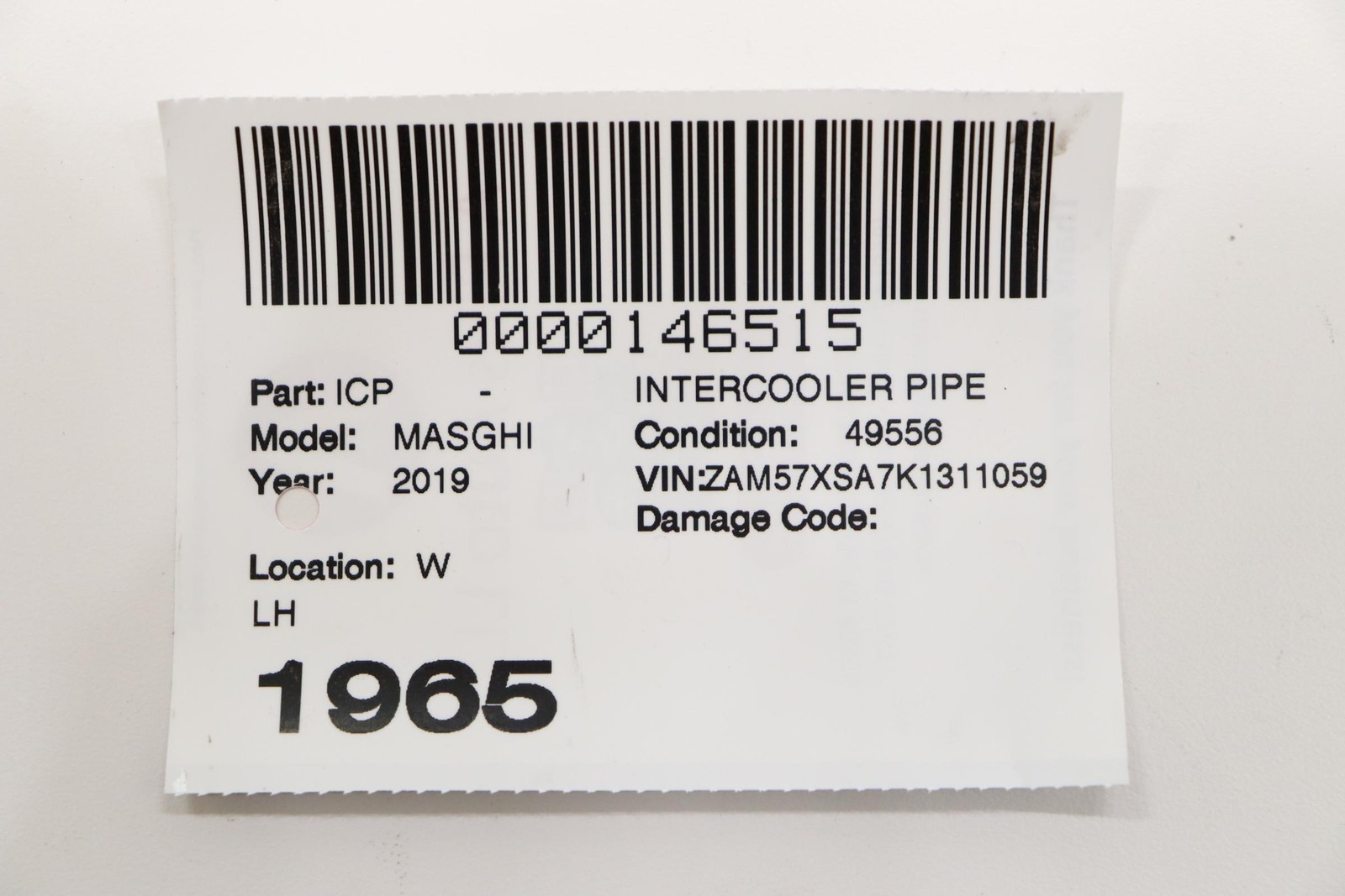 2017 - 2024 MASERATI GHIBLI 3.0L INTERCOOLER LEFT SIDE HOSE PIPE OEM 670038535