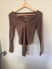 Long Sleeve Brown Ribbed V-Neck Bodysuit Free People Intimates XS/S