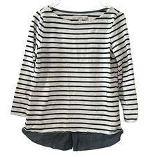 LOFT Petites Small Black White Striped 3/4 Sleeve Cotton Layered Hem Top