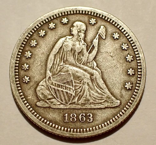 1863 (P) Liberty Seated Silver Quarter, Tough Civil War Key Date Coin, XF/AU