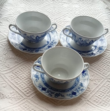 3 x Tirschenreuth Zwiebelmuster Suppentasse mit Untertasse echt Kobalt Porzellan
