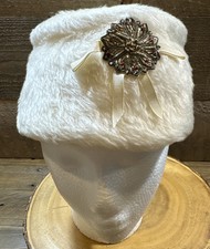 VTG Womens Wool Blend Hat Cream Pillbox Wedding Church 22  Beaded Embellishment