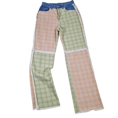 RAGGED PRIEST Patchwork Tartan Wide Leg Jeans Pink Grün Größe 24 Y2K