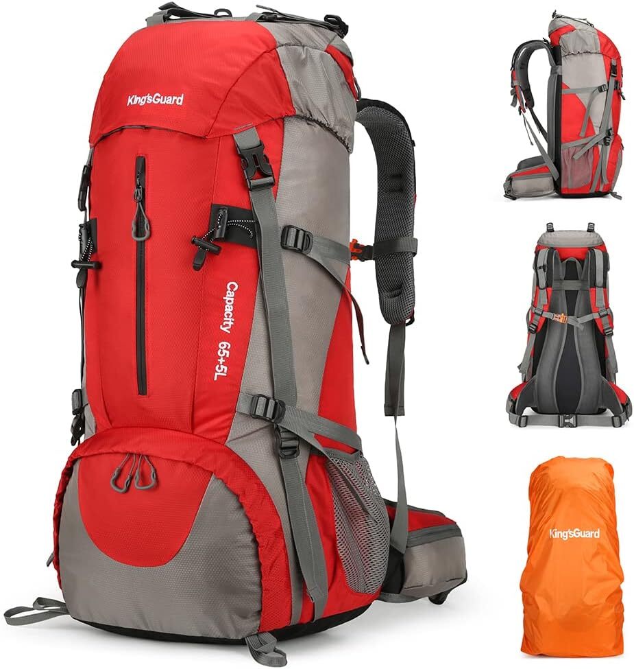70L Lightweight Waterproof Hiking Backpack with Rain Cover in Red for Camping