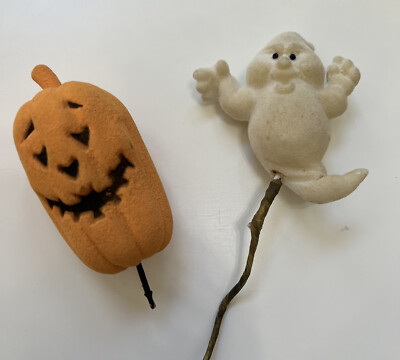 2 Vintage Floral Picks Flocked Halloween Jack O' Lantern Pumpkin Ghost RARE