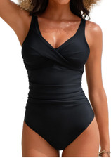 Womens Size 2XL Tummy Control VNeck Criss Cross Ruched 1 Piece Swimsuit