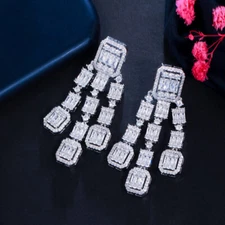 Charming White Square Dangle Silver Plated CZ Earring for Brides Costume Jewelry
