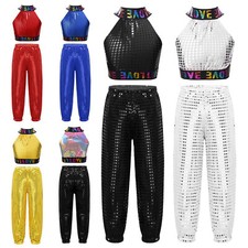Girls Outfits Jazz Dancewear Sparkle Crop Top Pants Sleeveless Tracksuits Prom