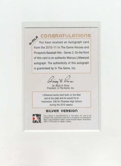 2011 ITG Heroes and Prospects Close Up Silver /190 Marcus Littlewood #A-ML2 Auto - Image 2 of 2