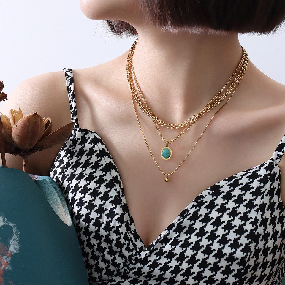 Cadena Figaro Mujer Chapada en Oro 18K Acero Inoxidable Amazonita Natural Piedra Ovalada  Foto 4 de 4