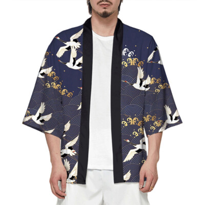 Herren 3/4 Ärmel Kimono Strickjacke Japanisch Yukata Top Bluse Hemd Lose Retro