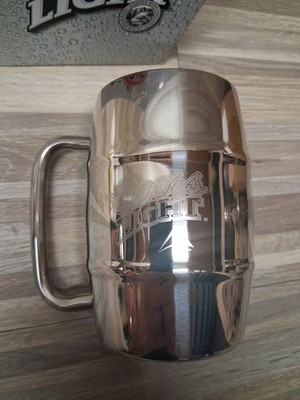 stainless steel Coors Light beer mug featuring a barrel-shaped design.