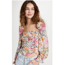 ASTR The Label Tonina Corset Top Floral Ruched Smocked Puff Sleeve Blouse Small