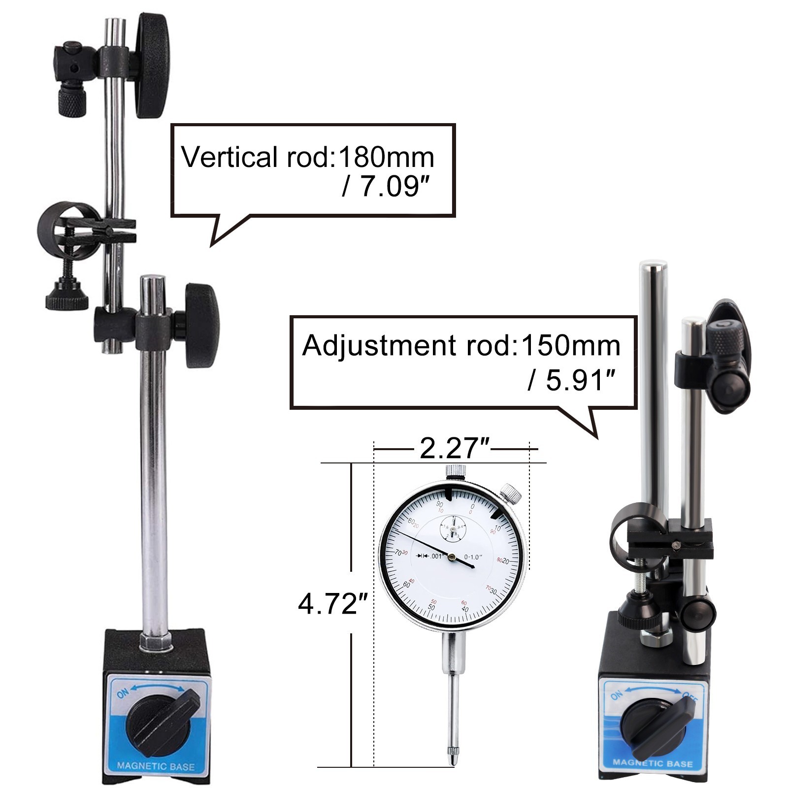 Precision Dial Indicator with Magnetic Base Holder Fine Adjustable Long 0-1" Sx