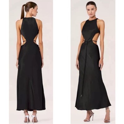 ALEXIS Lune Cutout Tie Waist Satin Black Maxi Dress Size Medium