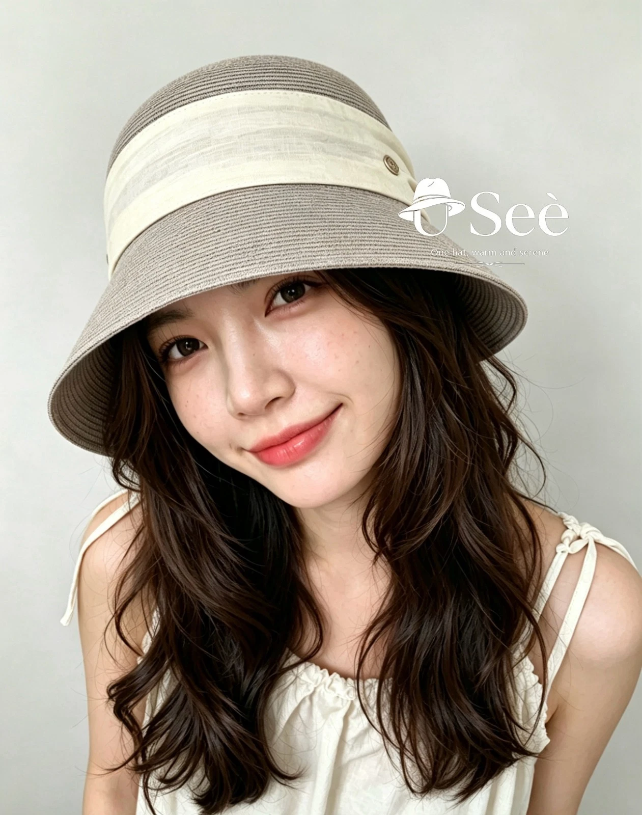 Women Wide Brim Straw Bucket Hat Two-Tone Fabric Band UV Protection Summer Beach
