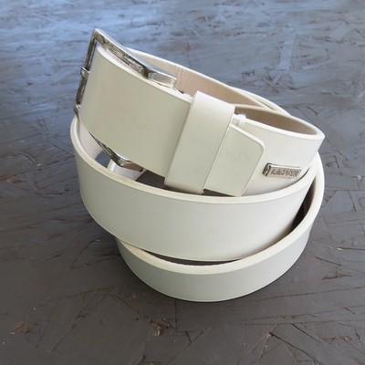 Lacoste Leather Belt Mens 38 White Logo Silver Buckle Golf Vintage Y2K 25025