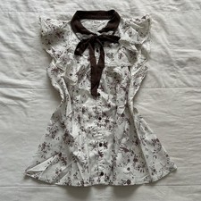 Axes Femme Ivory Floral Blouse Brown Bow Lace Ruffle Sleeve Size M Japan