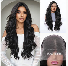 Long Wavy Natural Black Color Lace Frontal Heat Resistant Fiber Wig Women