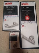 Delta BOWERY 3 SET PIECE: ROBE HOOK, TISSUE HOLDER, 8" TOWEL BAR