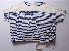 Max Studio Women's Short Sleeve Cinch Top EJ3 Cream/Cobalt Stripe Medium NWT