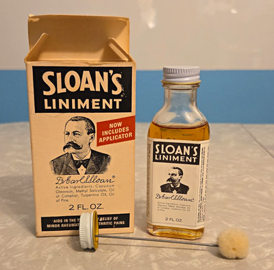 Sloan's Liniment Medicine Bottle, Clear Glass 2 fl oz w/ Box & Applicator