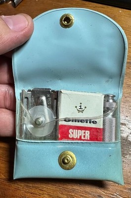 Vintage 1950's Gillette Mini Safety Razor Travel Kit Snap Blue Case Vinyl #C211