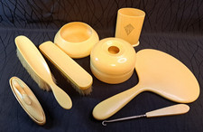 1930s Hygrade Ivory Celluloid Vanity Set Powder Jar Mirror Brushes Art Deco
