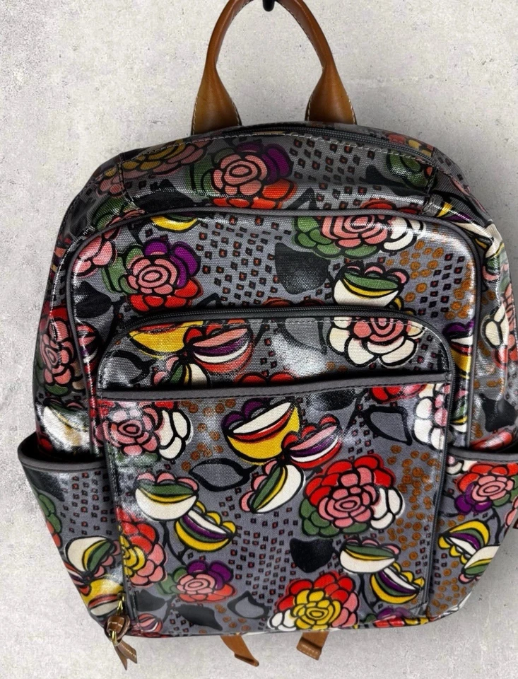 Mochila de lona y cuero recubierta de fósil gris floral multi vibrante Foto 4 de 4