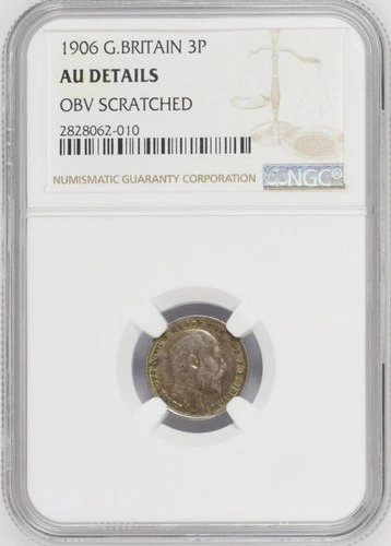 Key Date 1906 Great Britain Silver Three Pence Mint State NGC AU DETAILS