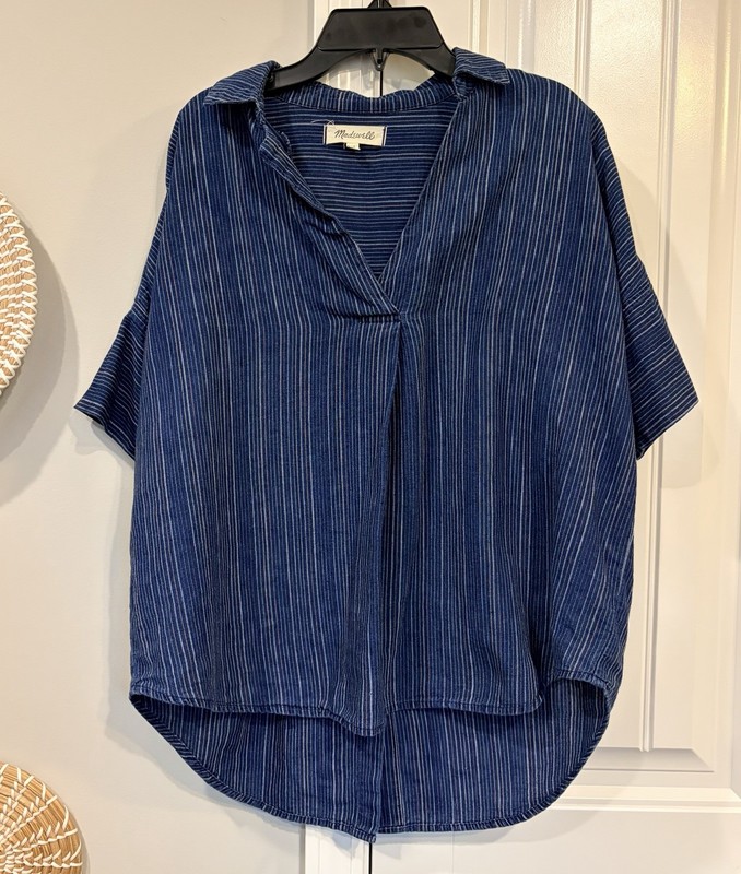 MADEWELL Courier Button Back Shirt Womens XS Boxy Oversize Cecile Stripe Blue