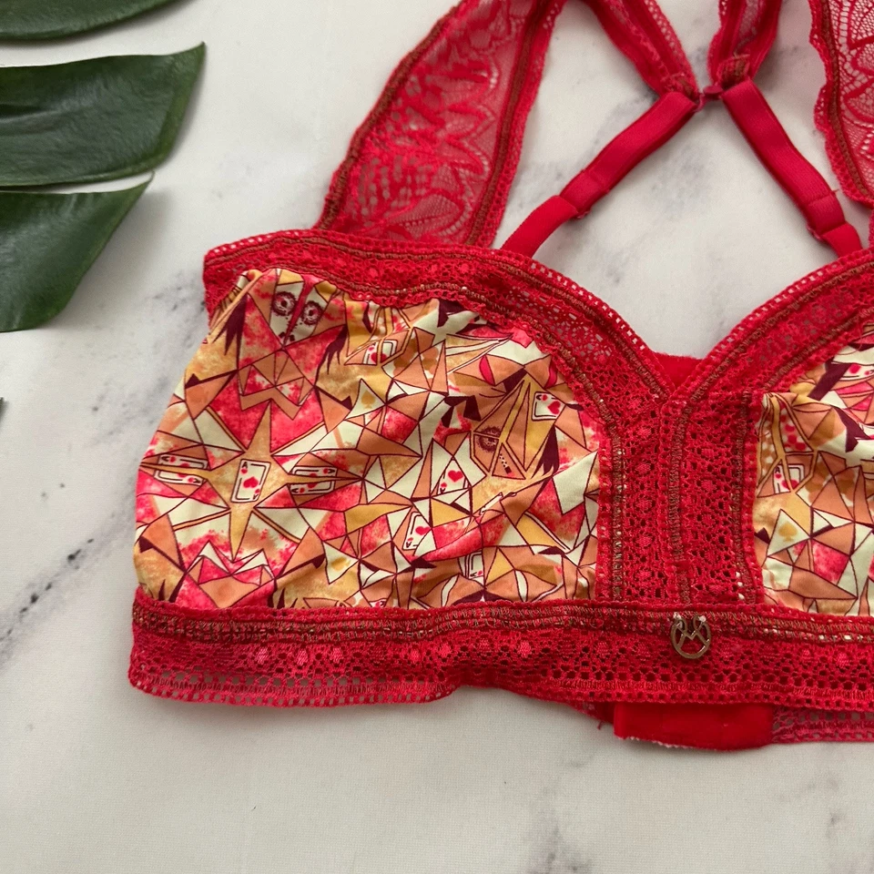 Maaji Bralette Feminino Tamanho M Vermelho Laranja Acabamento de Renda Estampa Geométrica Sem Fio - Imagem 3 de 4