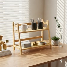 2Tier Tabletop Rattan Simplicity Storage Shelf- Small Bamboo Book Shelf for Desk