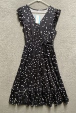 Iffei Dress Womens Medium Black Polka Dot Elastic Waist V Neck