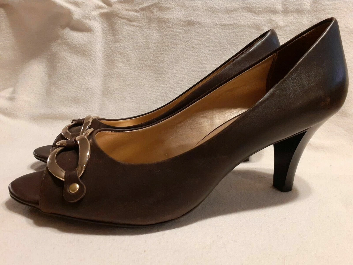 Dark brown top open toe heels