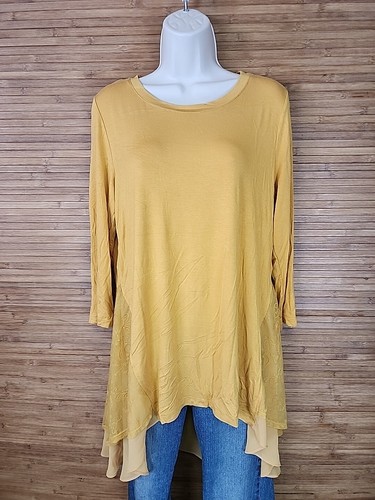 LOGO by Lori Goldstein Mustard Yellow Stretch Lace Hem Tunic Womens Size Medium