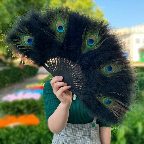 Peacock Feather Folding Fan Chinese Japanese Handheld Wedding Performance Props - Picture 3 of 5