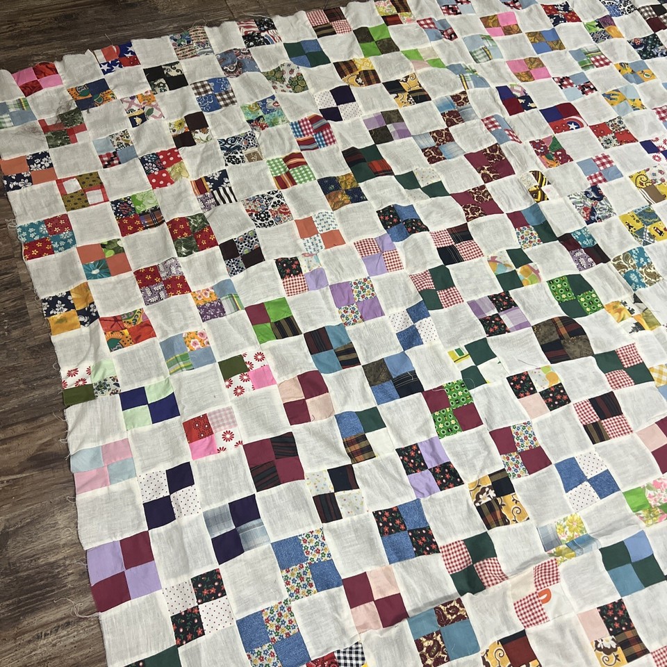 Vintage Quilt Top Small Square Feedsack Hand Stitch 65 X 84 Top Only eBay