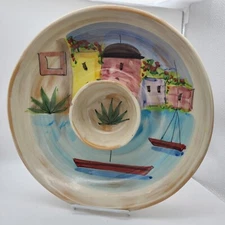 Vietri Chip & Dip Italy Pottery Large Bowl Tray Hand painted village boat Marina