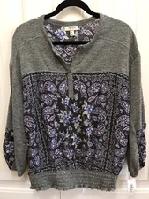 Style&co. NWT S Graphic Refresh Purple Gray Paisley Peasant Shirt $54 P138