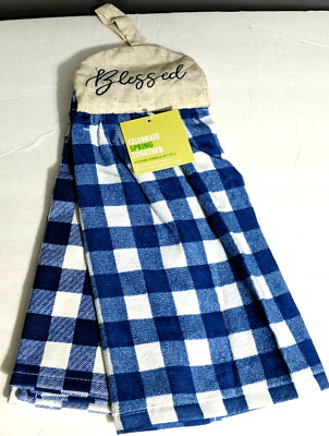  Blessed Tie-Top Kitchen Towel 1 Velour Terry & 1 Dual Purpose Blue Gingham New