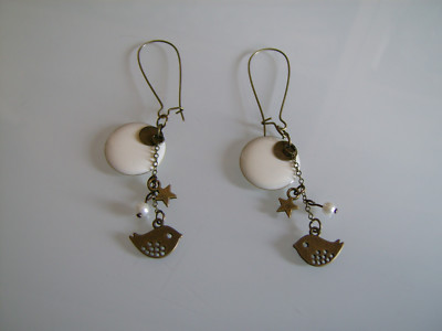 Boucles d'Oreilles Original Blanc/Crème/Bronze/Marron Etoile Oiseau pas cher