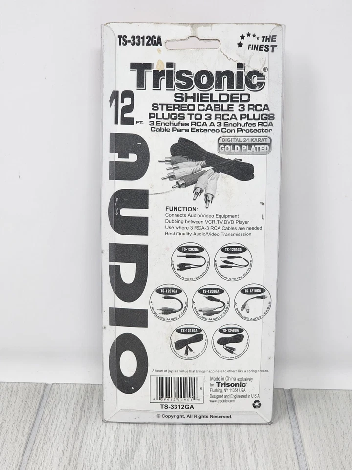 Trisonic 12 pies. Cable estéreo blindado 3 enchufes RCA a 3 enchufes RCA Foto 2 de 2