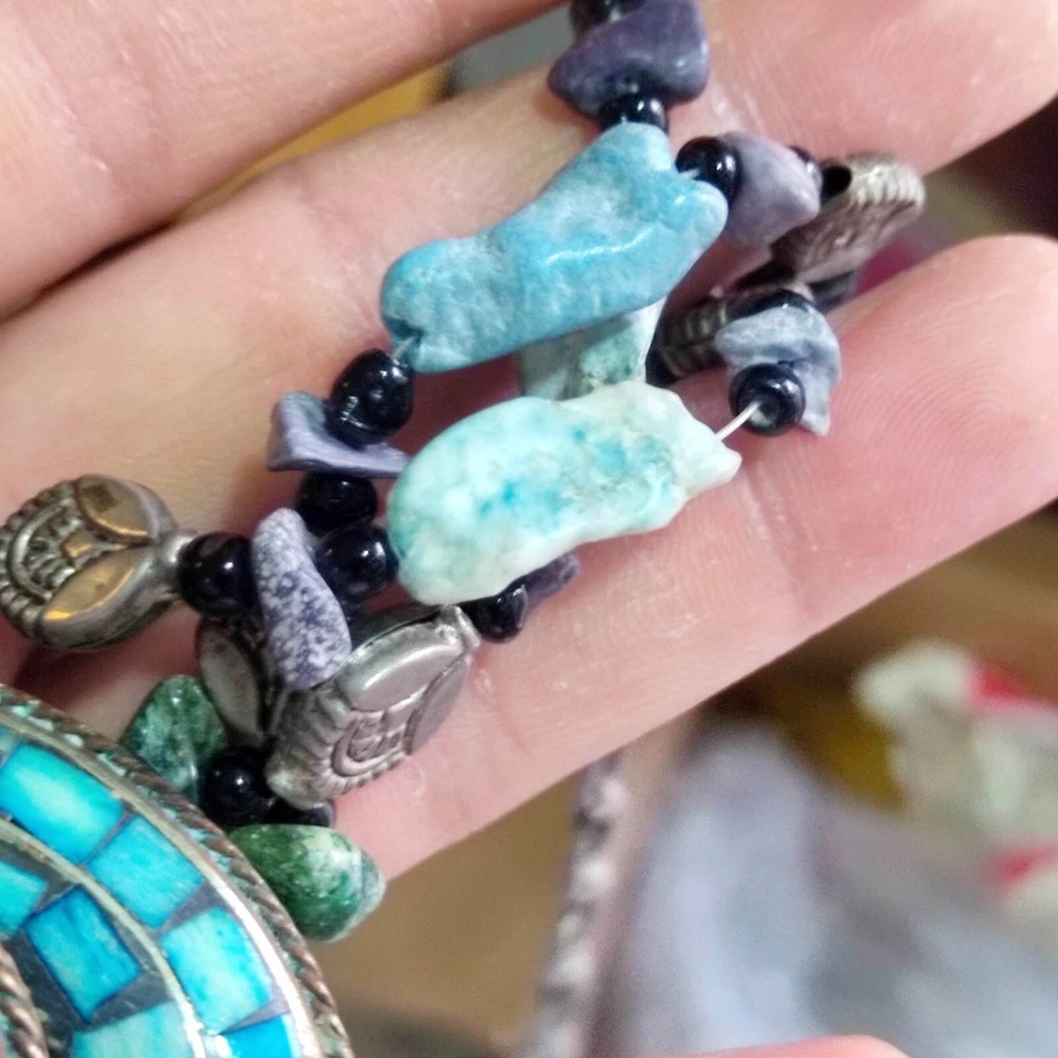 Rare Vintage Large Heavily Turquoise Ethnic Folk Belt Polished Stones And Beads - Image 4 of 4