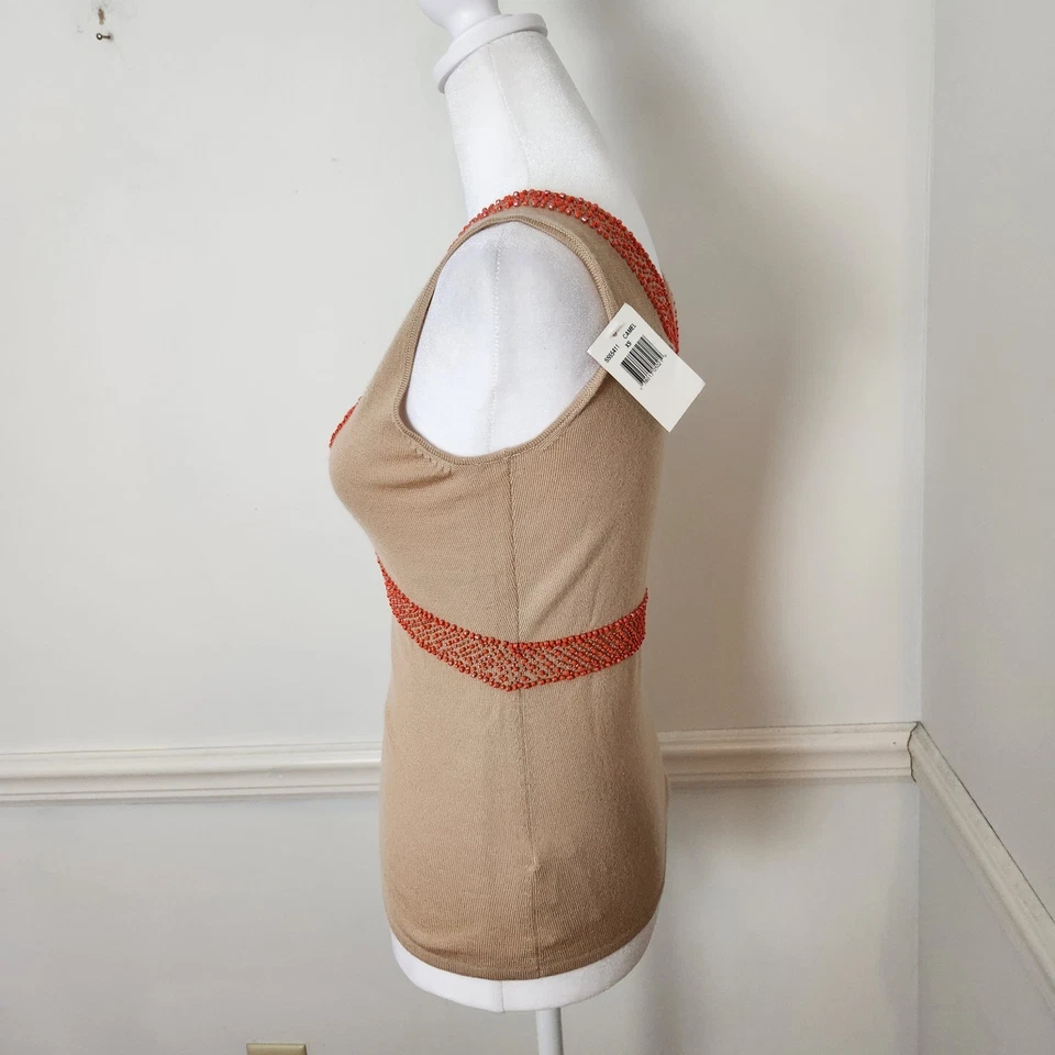 New Vtg Y2K Saks Fifth Avenue Cashmere Sweater Tank Top XS Womens Bead Boho Tan - Image 4 of 4