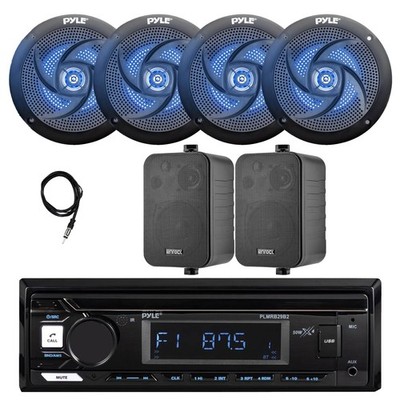 Pyle Marine Bluetooth Receiver, 4x 4'' 100W Blue LED + 2x 4'' 30W Speaker, Antenna