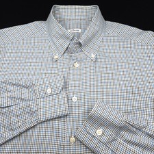 Kiton Button Dress Shirt XXL 17.5 37/38 -White Brown Gray Blue Twill Check ITALY
