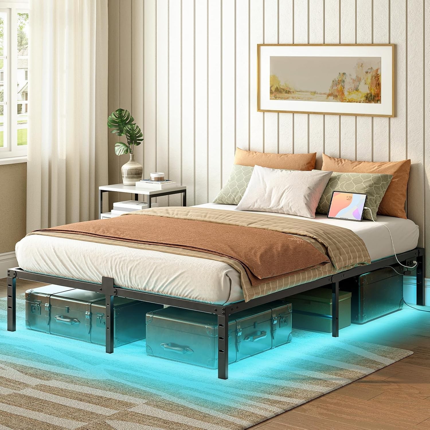 With Led Lights Metal Platform Bed Frame With Charging Stati