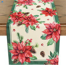 Christmas Table Runner - 13 13 x 72 inch, Red and Green Poinsettia