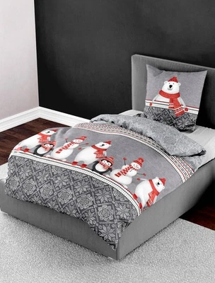 Bierbaum Biber Bettwäsche 135x200 Schneemann Eisbär Pinguin grau rot 3667-10 - Bild 1 von 4